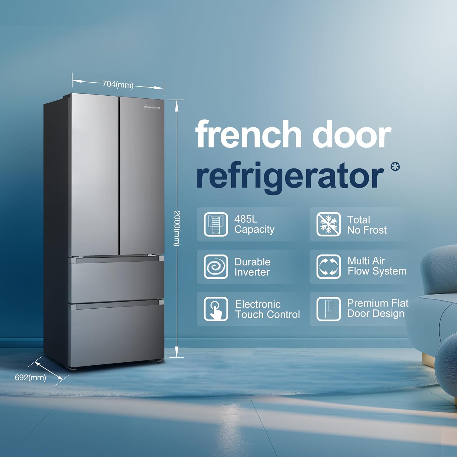 Freestanding French Door Fridge Freezer 485L Total No Frost Silver